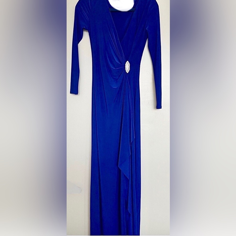 Ralph Lauren Electric Cobalt Blue Long Sleeve Maxi Dress with Crystal Brooch